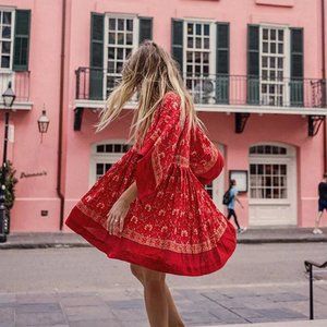 Rustic Red Floral Boho Babydoll Mini Dress